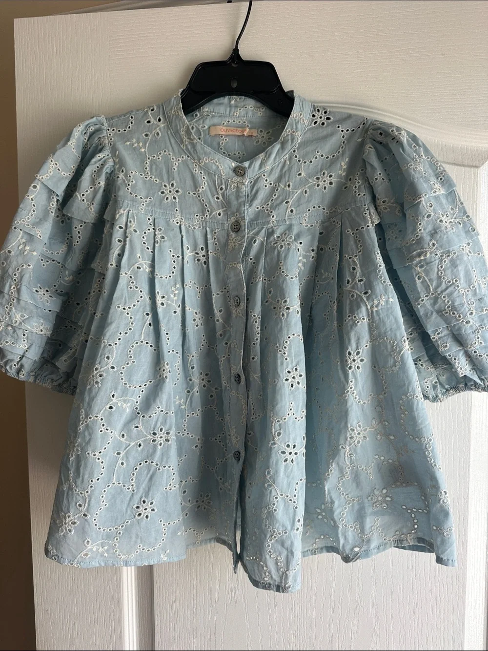 Olivaceous Light Blue Eyelet Button-Front Puff Sleeve Blouse - Picture 1 of 3